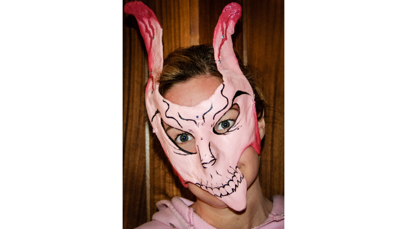 Evil Easter bunny mask made with InstaMorph moldable plastic. Mask is pink with skull features drawn on it and red tipped ears.